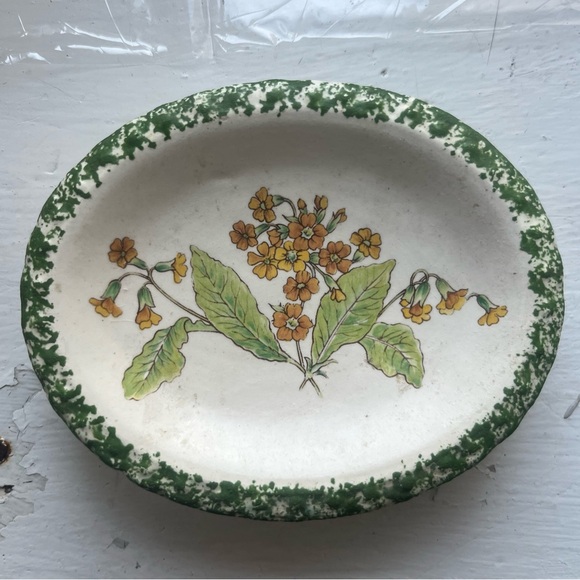Vintage Other - Vintage Wild Botanical Flower White Green Speckled Ceramic Decorative Dish